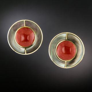 Estate Coral and Black Mother-of-Pearl Earrings - 3