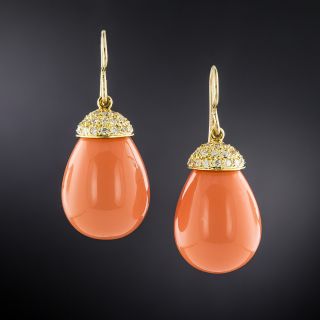 Estate Coral and Diamond Drop Earrings  - 2