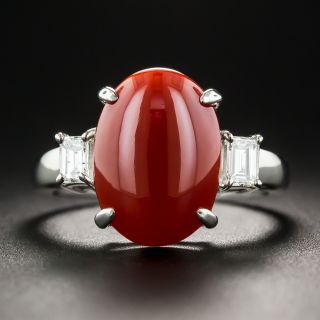 Estate Coral Cabochon and Diamond Ring - 7