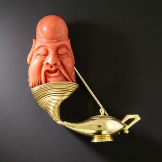 Estate Coral Genie in a Magic Lamp Brooch, English - 2