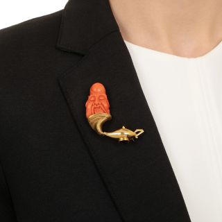 Estate Coral Genie in a Magic Lamp Brooch, English