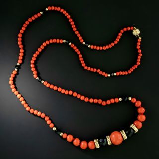 Estate Coral, Onyx and Gold Bead Necklace - 2
