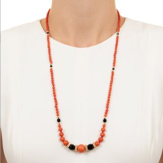 Estate Coral, Onyx and Gold Bead Necklace