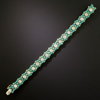 Estate Diamond and Turquoise Flower Bracelet - 3