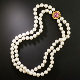 Estate Double-Strand Cultured Pearl Necklace with Ruby and Diamond Clasp - 3