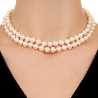 Estate Double-Strand Cultured Pearl Necklace with Ruby and Diamond Clasp