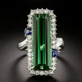 Estate Elongated Blue-Green Tourmaline, Sapphire and Diamond Ring - 3