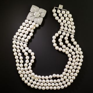 Estate Four-Strand Cultured Pearl Choker Necklace with Floral Diamond Clasp - 2