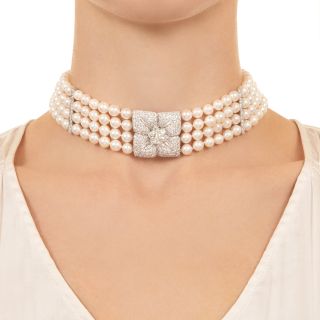 Estate Four-Strand Cultured Pearl Choker Necklace with Floral Diamond Clasp