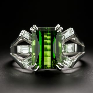 Estate Green Tourmaline and Baguette Diamond Ring - 3