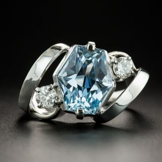 Estate Hexagonal Aquamarine and Diamond Ring - 2