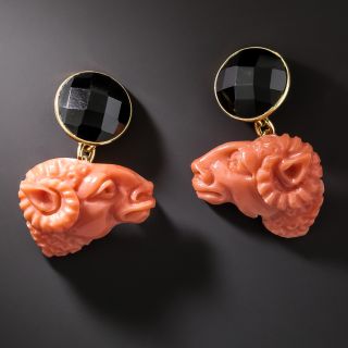 Estate Italian Coral Ram's Head and Onyx Cuff Links - 3