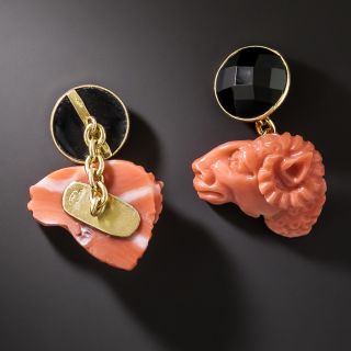 Estate Italian Coral Ram's Head and Onyx Cuff Links