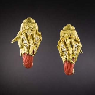 Estate Lion's Head Coral Clip Earrings - 3