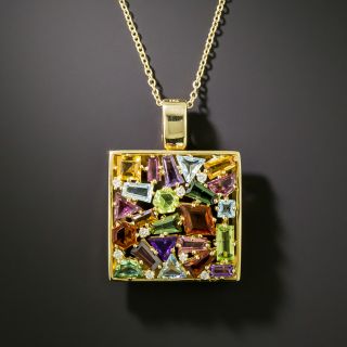 Estate Multicolor Gemstone and Diamond Square 18K Pendant - 2