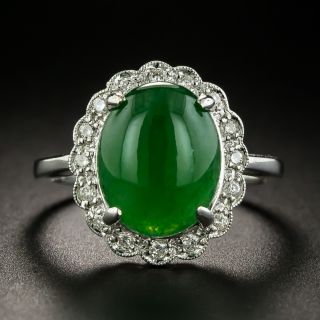 Estate Natural Burmese Jade and Diamond Halo Ring - 1