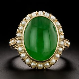 Estate Natural Burmese Jade and Pearl Halo Ring - 2