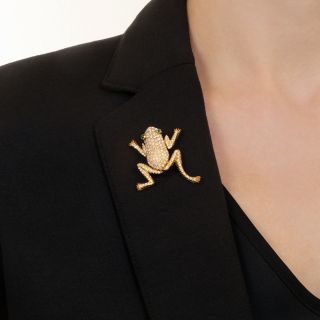 Estate Pavé Diamond and Emerald Frog Brooch