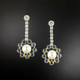 Estate Pearl, Diamond and Sapphire Drop Earrings - 2