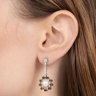 Estate Pearl, Diamond and Sapphire Drop Earrings