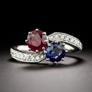 Estate Ruby, Sapphire and Diamond Toi et Moi Bypass Ring - GIA - 2