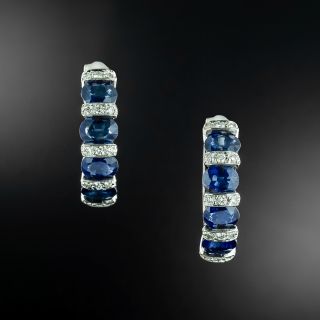 Estate Sapphire And Diamond Hoop Earrings  - 2