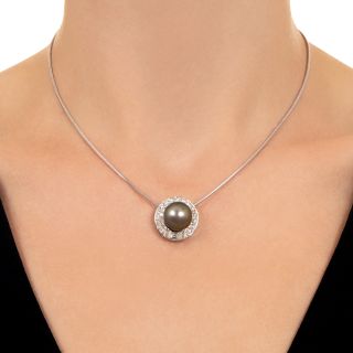 Estate Tahitian Pearl and Diamond Halo Pendant
