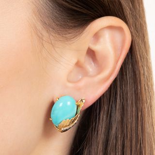 Estate Turquoise and Diamond Leaf Earrings - GIA