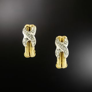Estate Two-Tone Gold Diamond 'X' Huggie Earrings - 2