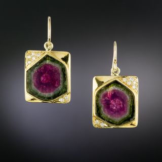 Estate Watermelon Tourmaline and Diamond Earrings - 2