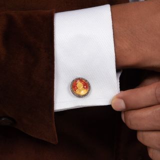 Faberge Russian Enamel Gold Coin and Diamond Cufflinks