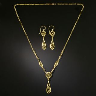 Filigree 18K Gold Necklace and Earring Set, Circa 1900 - 2