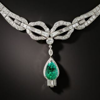 Fine 2.97 Carat Pear-Shaped Colombian Emerald and Diamond Necklace - GIA F1