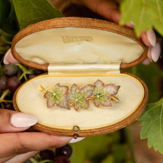 French 18K Art Nouveau Plique-à-Jour Ivy Brooch by Camille Gueyton