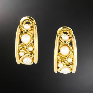 French 18K Cultured Pearl Hoop Clip Earrings - 2