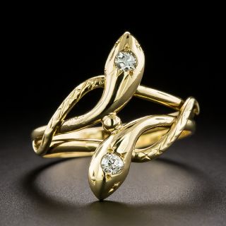French Antique 18K Double Diamond-Headed Snake Ring - 3