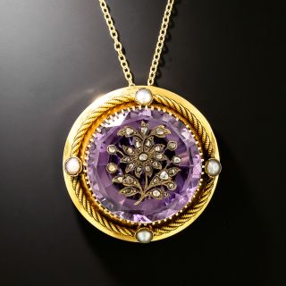French Antique Carved Amethyst, Diamond and Natural Pearl Pendant - 2