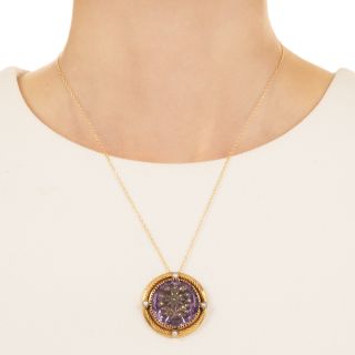 French Antique Carved Amethyst, Diamond and Natural Pearl Pendant