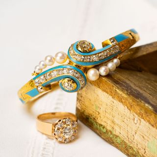 French Antique Diamond, Turquoise Enamel and Pearl Bangle 