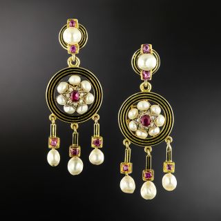French Antique Pearl, Ruby and Enamel 18K Earrings - 2