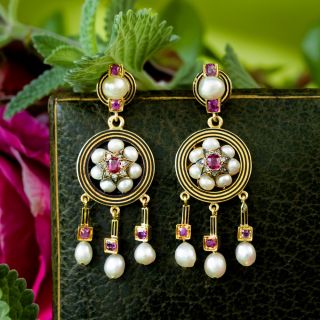French Antique Pearl, Ruby and Enamel 18K Earrings