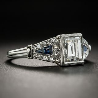 French Art Deco 1.09 Carat Emerald-Cut Diamond and Sapphire Ring - GIA F VS2
