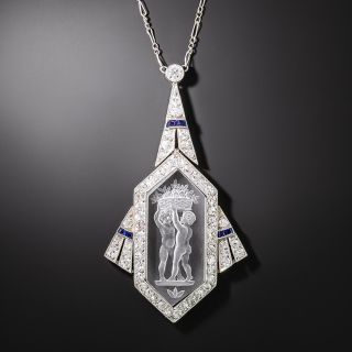 French Art Deco Crystal Intaglio, Diamond And Sapphire Lavaliere - 2