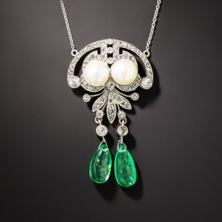 French Art Deco Pearl, Emerald and Diamond Lavalière - GIA - 2