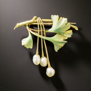 French Art Nouveau Enamel and Natural Pearl Leaf Brooch - 3