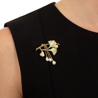 French Art Nouveau Enamel and Natural Pearl Leaf Brooch