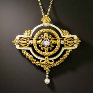 French Belle Époque Diamond and Enamel 18K Brooch/Pendant - 2