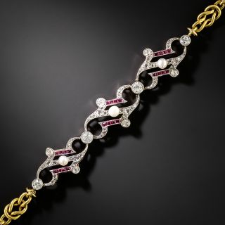 French Belle Epoque Diamond, Natural Pearl and Ruby Bracelet  - 2