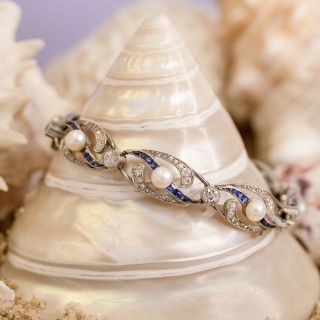 French Edwardian Natural Pearl, Diamond, Sapphire and Platinum Bracelet