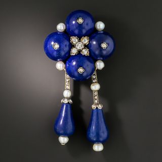French Lapis Lazuli Diamond Pearl Pendant/Brooch - 2